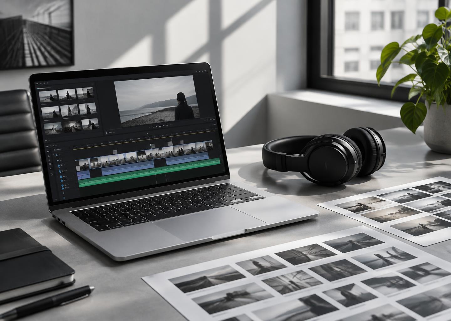 Video editing workspace with storyboard sheets and headphones